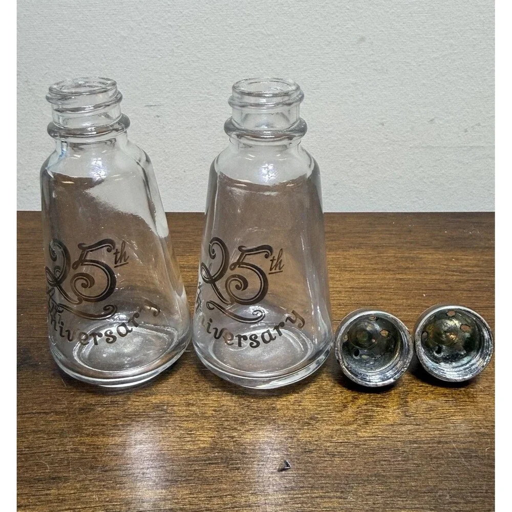 Vintage Lotus 25th Anniversary Salt And  Pepper Shakers Clear Glass Set
